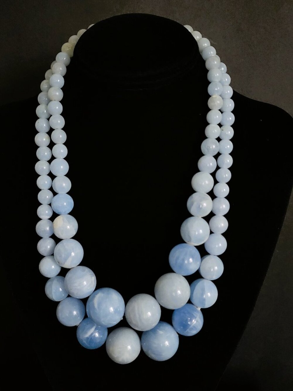Vintage 1950s Hong Kong Blue Moonglow Lucite 2-Strand Box Clasp Necklace